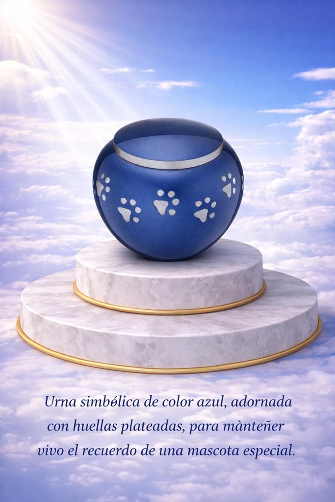 Foto 1 Urna conmemorativa azul con huellas plateadas – gama alta