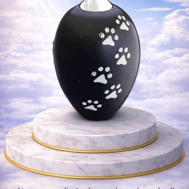 Urna conmemorativa decorada con huellas.