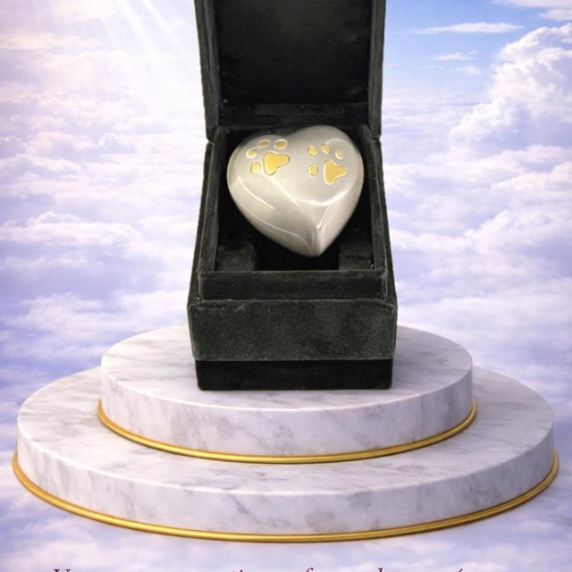 Urna conmemorativa en forma de corazón con soporte decorativo.